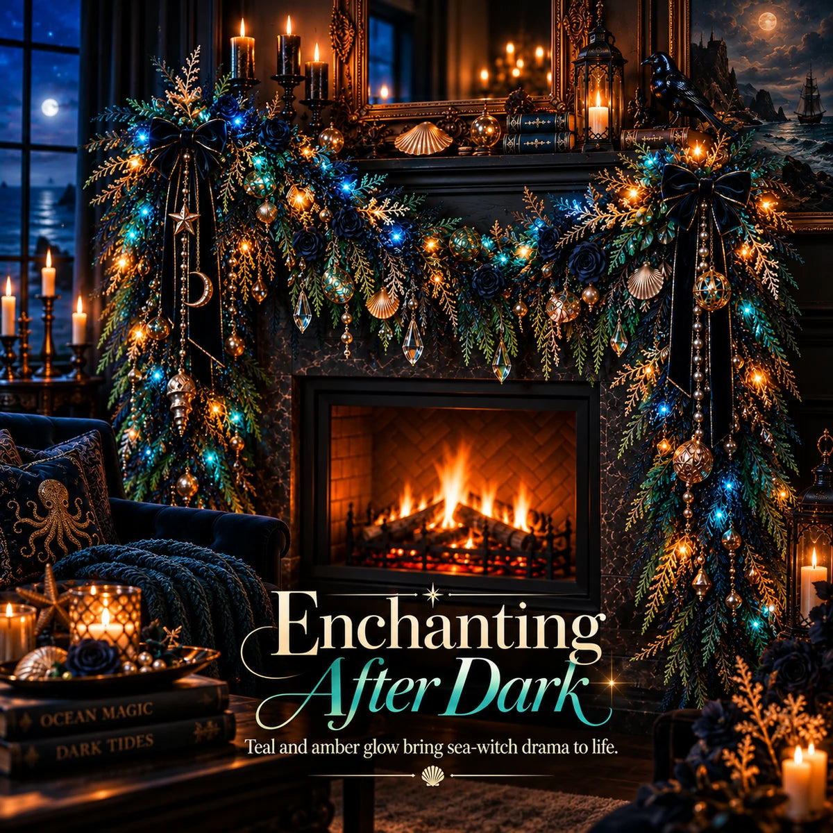 Sea Witch Garland glowing after dark