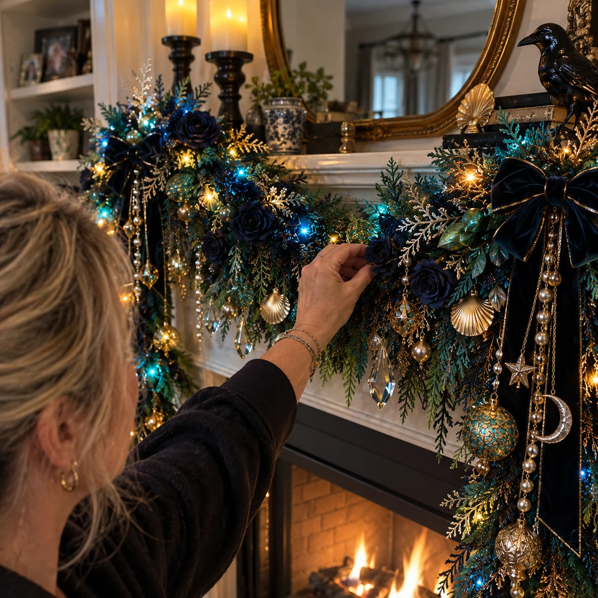 Customer adjusting the Sea Witch Garland on a mantel