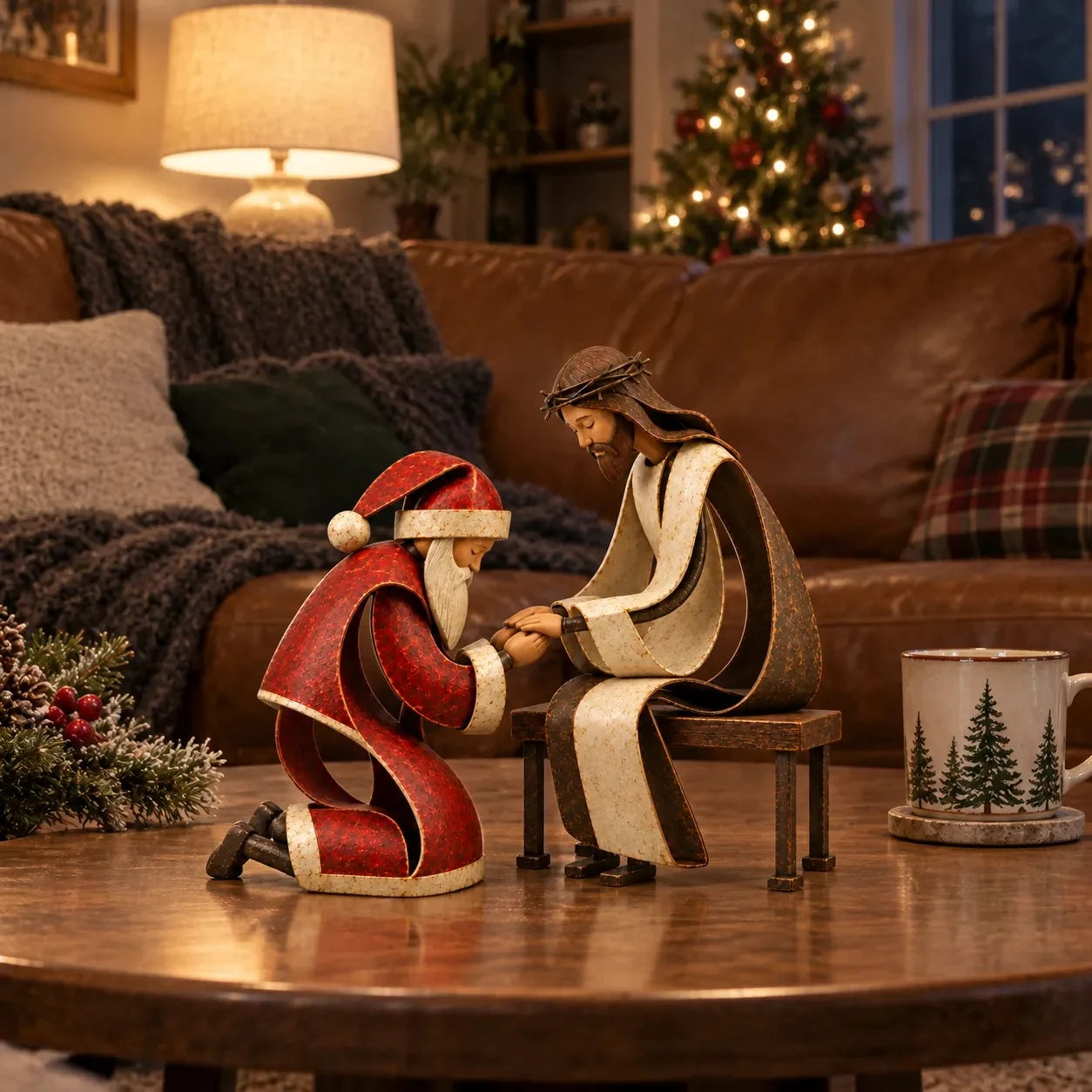 Santa kneeling before a seated Jesus figurine in a warm Christmas living room