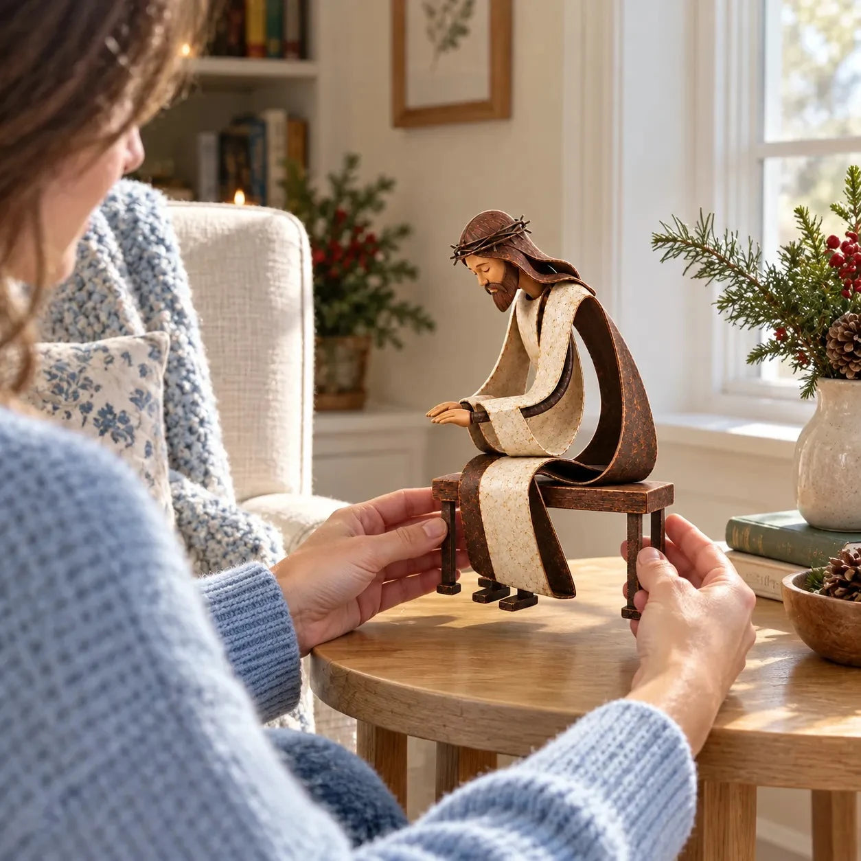 Woman arranging the seated Jesus figurine on a small wooden tabletop