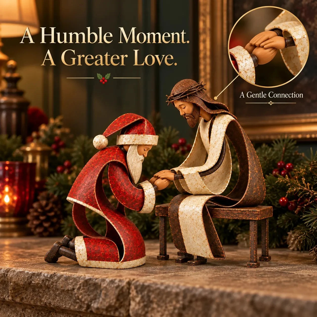 Close-up of Santa kneeling before Jesus and their gentle hand-to-hand scene