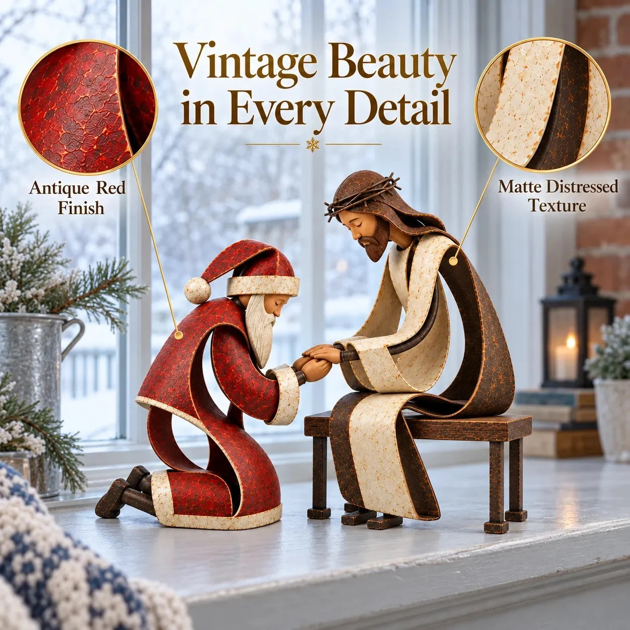 Detailed closeups of Santa and Jesus figurines showing carved wood textures and curved iron elements