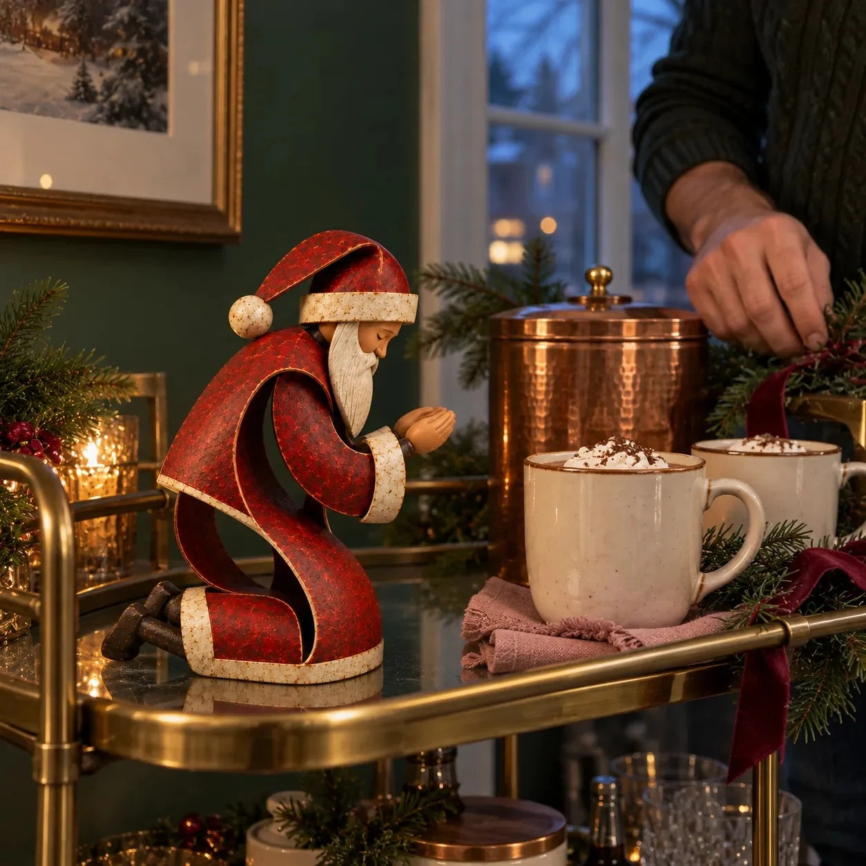 Woman admiring the Jesus figurine in a warmly decorated Christmas room