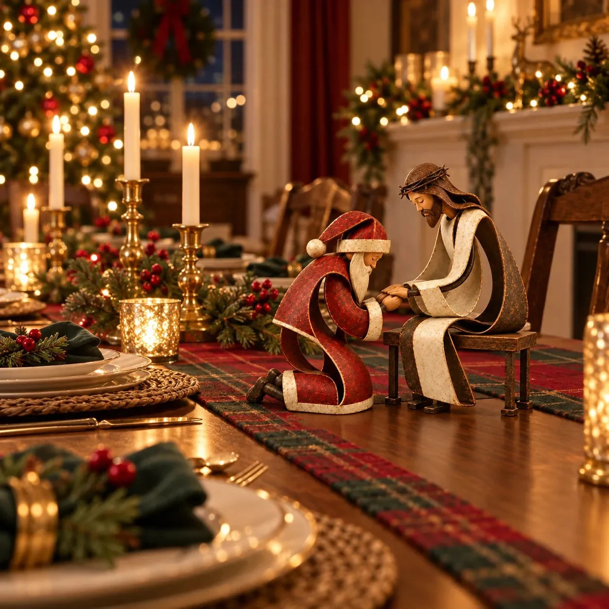 Dimension diagram of kneeling Santa and seated Jesus figurines with heights, widths and depths