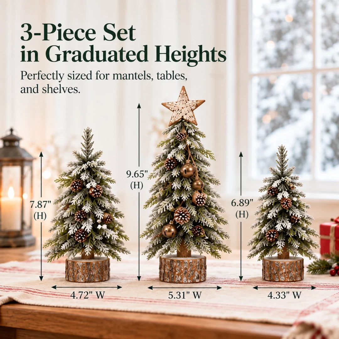 Dimensions of three graduated snowy tabletop Christmas trees