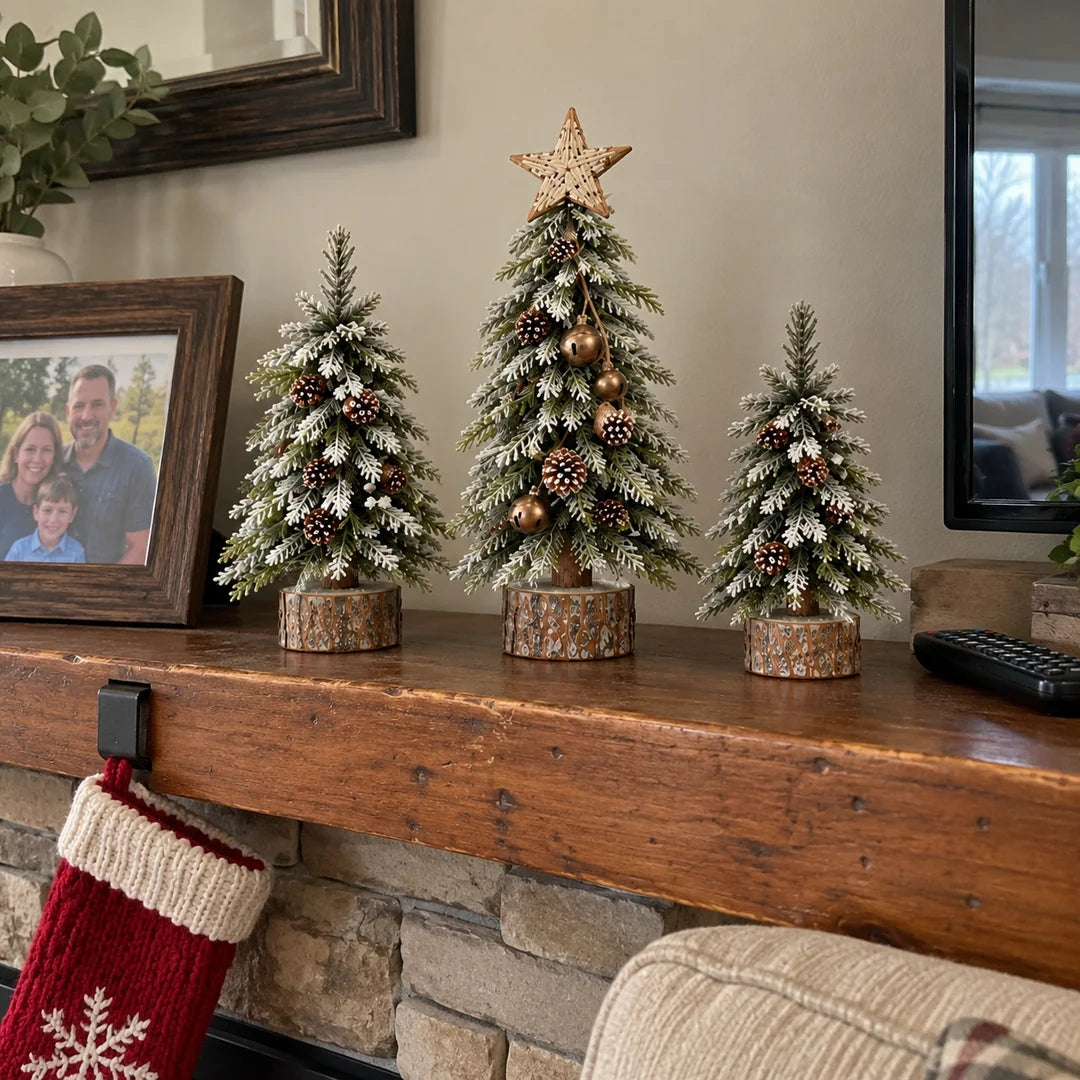 Three snowy mini Christmas trees displayed on a family fireplace mantel