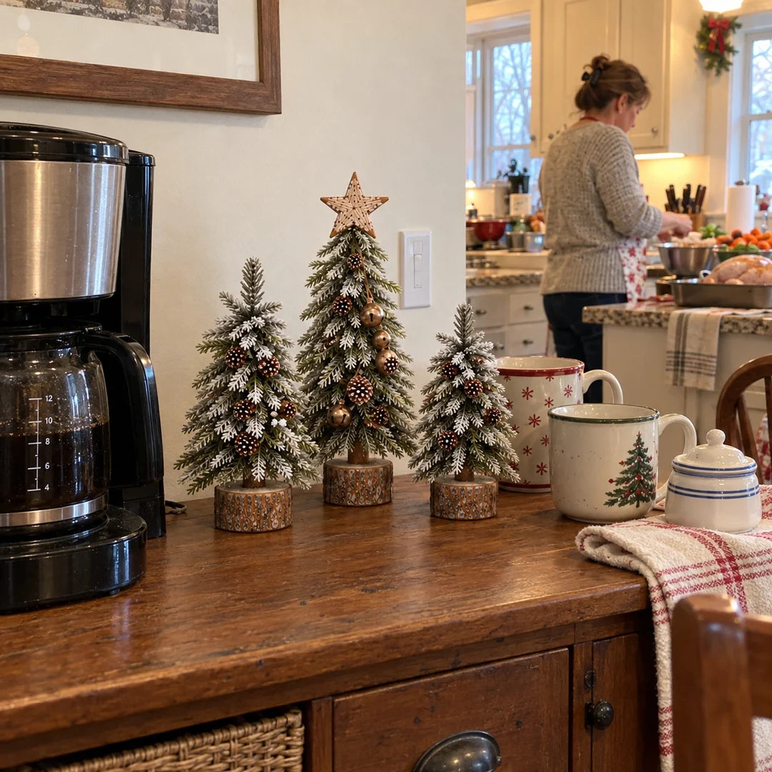 Three snowy Christmas trees on a family coffee station