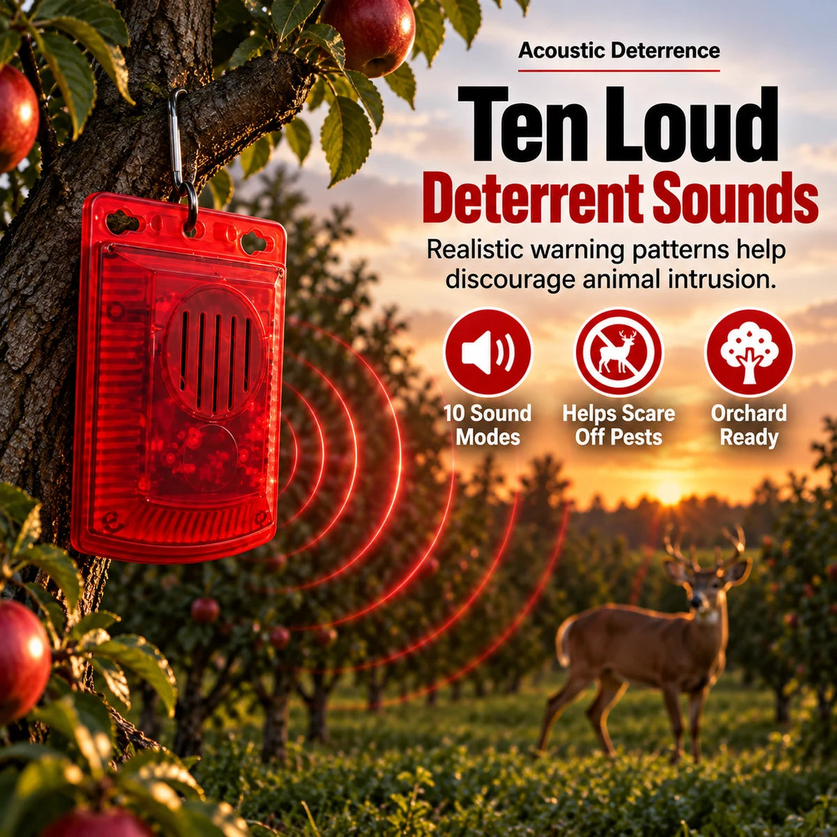 Outdoor warning alarm using sound deterrence in an orchard