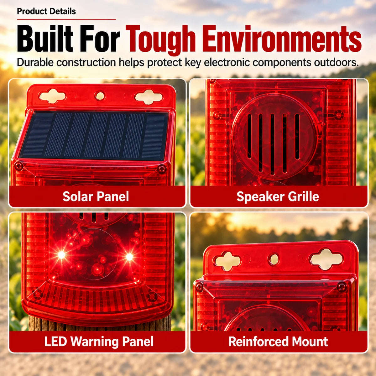 Close-up details of solar panel speaker LED warning panel and mount