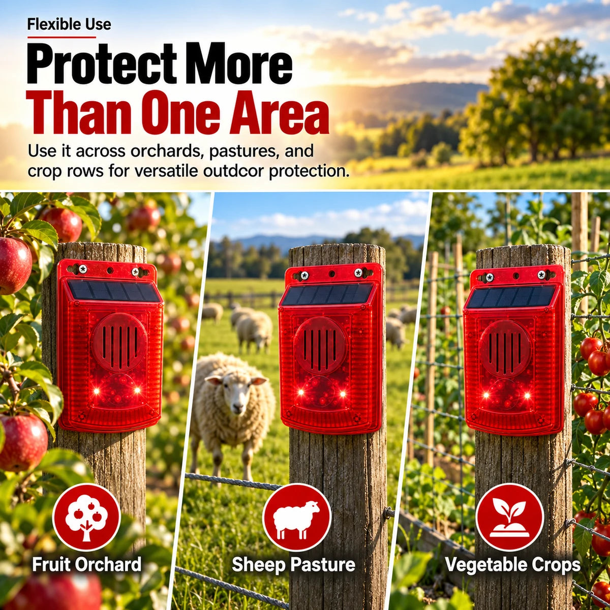 Solar warning alarm used in orchard pasture and vegetable crop areas