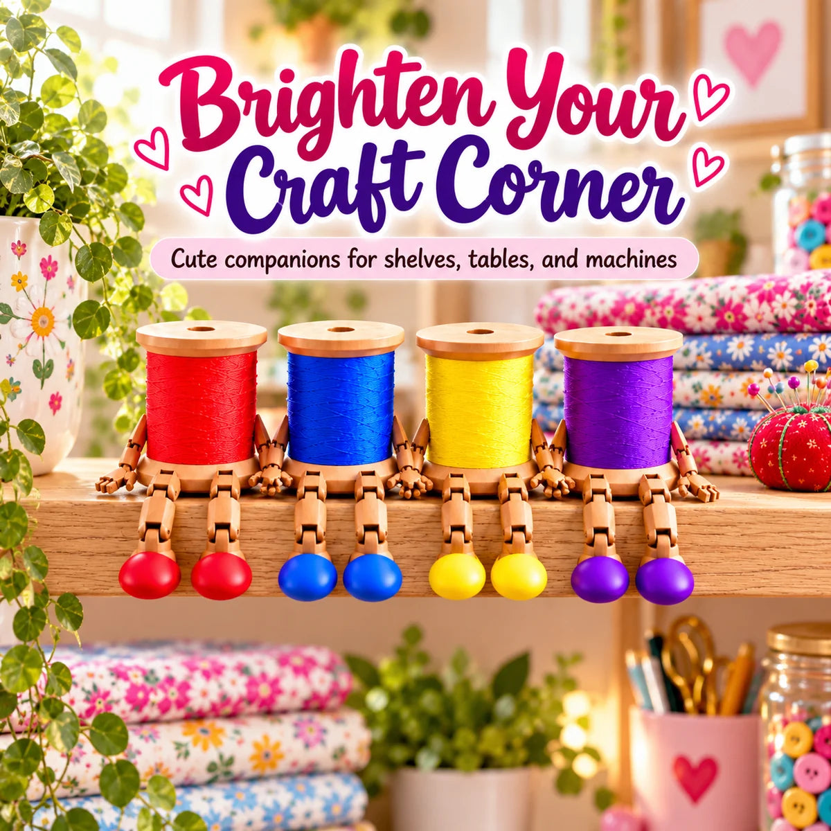 Colorful thread spool buddies displayed on a sewing shelf