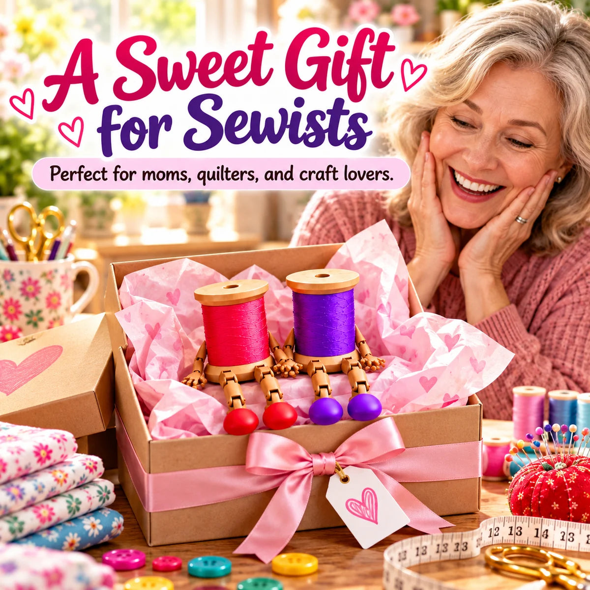 Thread spool characters styled as a gift idea for sewists