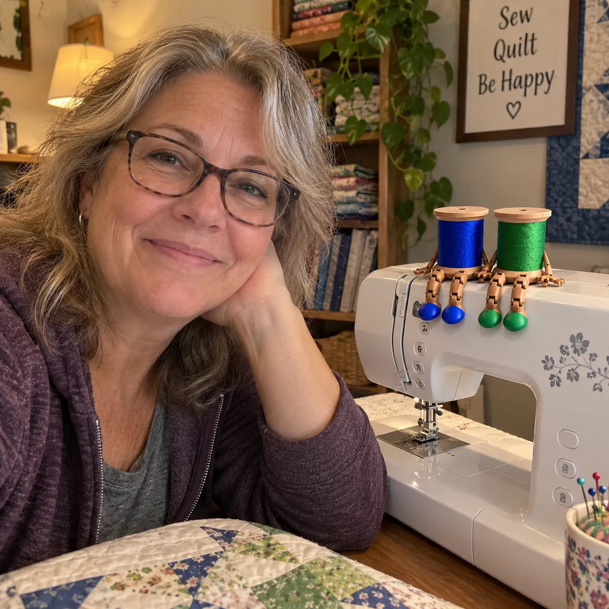 Woman at her sewing station with blue and green thread spool buddies