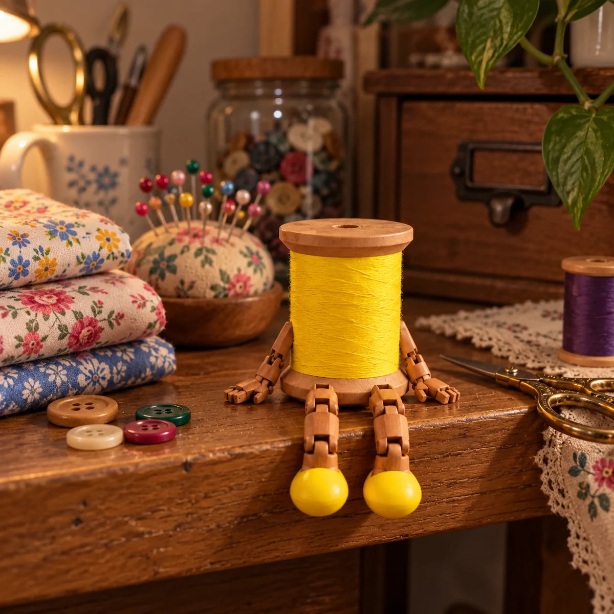 Yellow spool buddy on a craft room wooden shelf