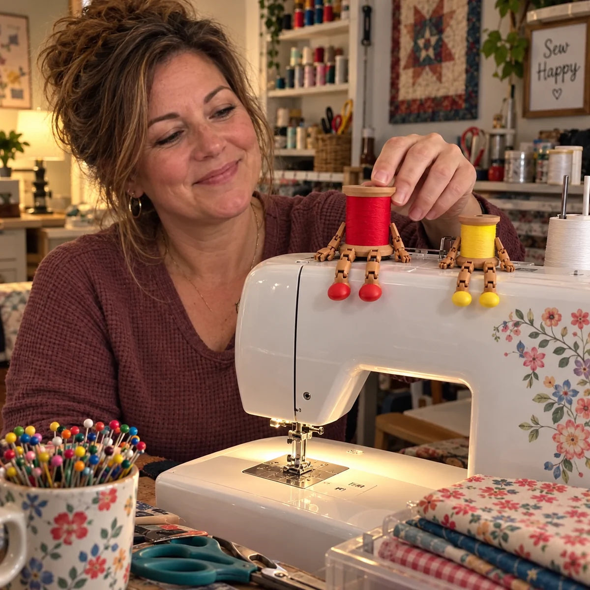 Woman adjusting red and yellow thread spool buddies on her sewing machine
