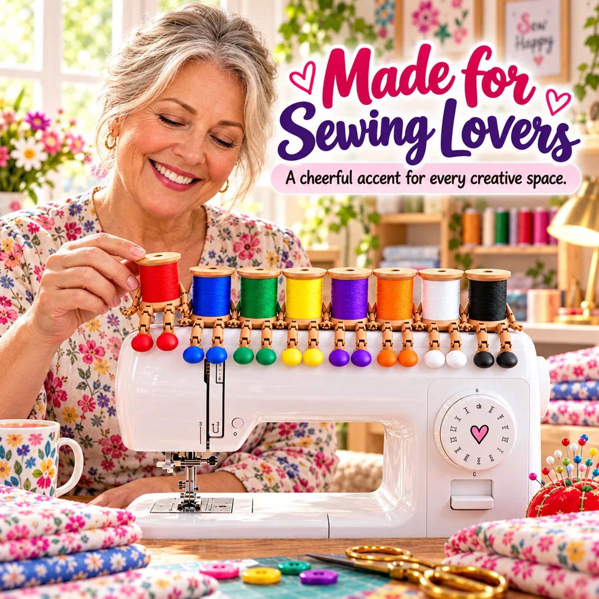Sewing enthusiast displaying thread spool buddies on a sewing machine
