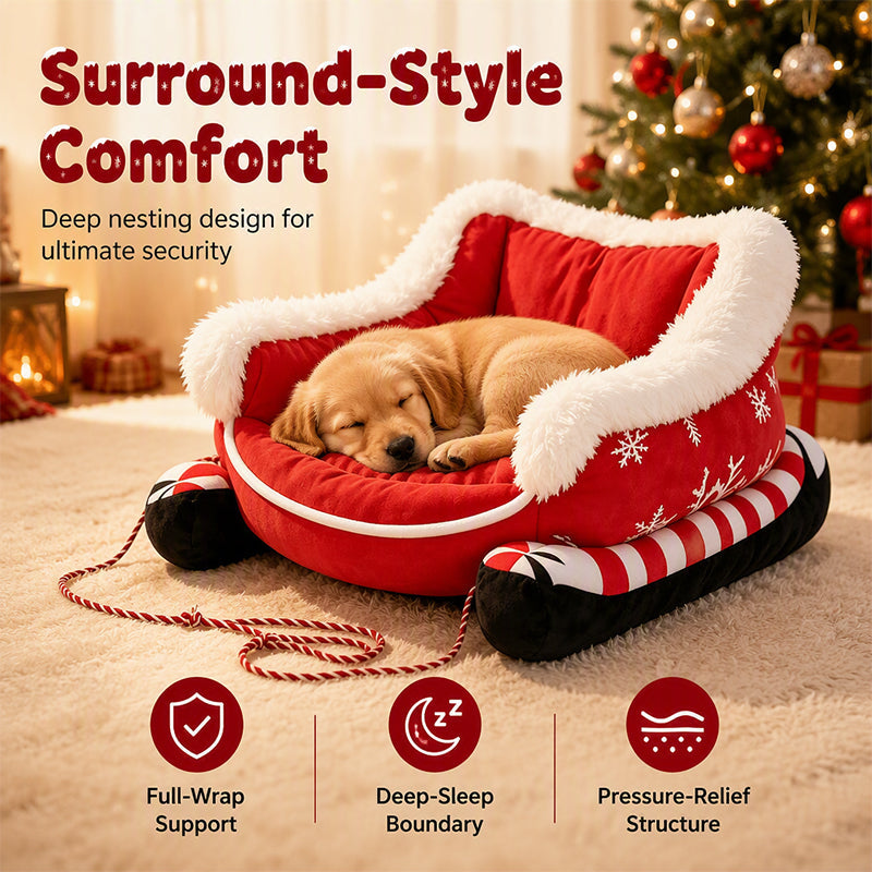 🎄🛷 Santa’s Little Rider Cozy Pet Sleigh – Festive Holiday Bed with Removable Cushion