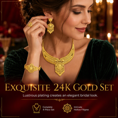 👑✨ Royal Golden Bridal Jewelry Collection – 24K Gold-Plated 4-Piece Necklace, Earrings, Bracelet & Ring Set