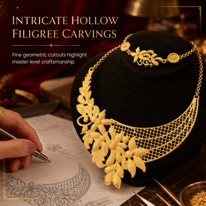 👑✨ Royal Golden Bridal Jewelry Collection – 24K Gold-Plated 4-Piece Necklace, Earrings, Bracelet & Ring Set