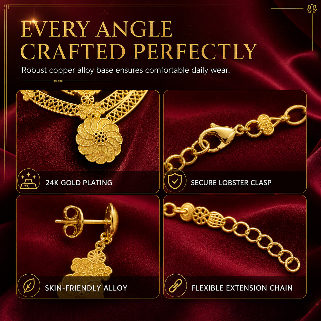 👑✨ Royal Golden Bridal Jewelry Collection – 24K Gold-Plated 4-Piece Necklace, Earrings, Bracelet & Ring Set