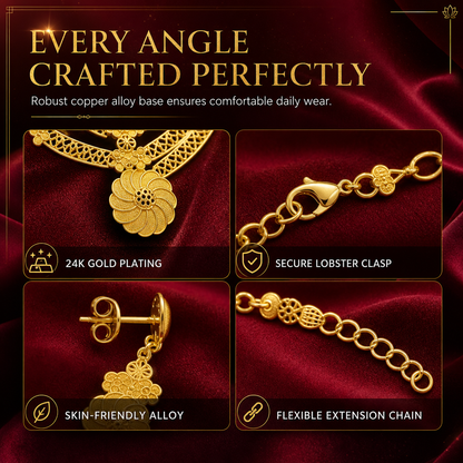 👑✨ Royal Golden Bridal Jewelry Collection – 24K Gold-Plated 4-Piece Necklace, Earrings, Bracelet & Ring Set
