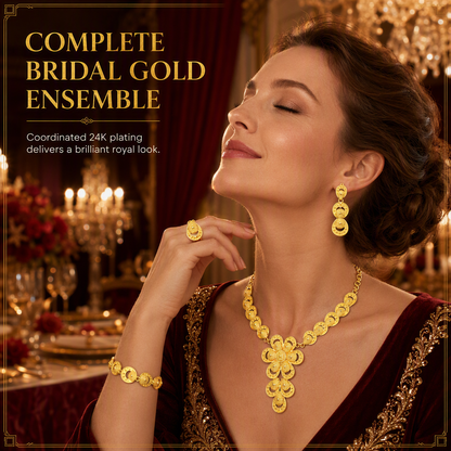👑✨ Royal Golden Bridal Jewelry Collection – 24K Gold-Plated 4-Piece Necklace, Earrings, Bracelet & Ring Set