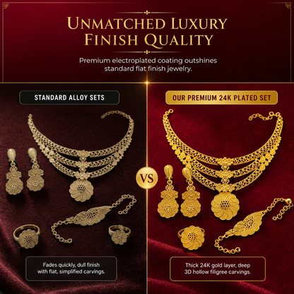 👑✨ Royal Golden Bridal Jewelry Collection – 24K Gold-Plated 4-Piece Necklace, Earrings, Bracelet & Ring Set