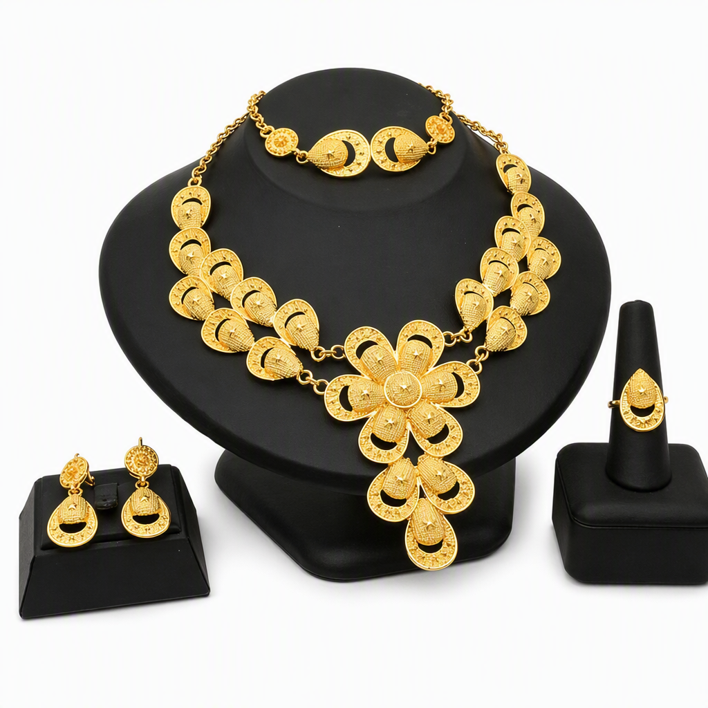 👑✨ Royal Golden Bridal Jewelry Collection – 24K Gold-Plated 4-Piece Necklace, Earrings, Bracelet & Ring Set