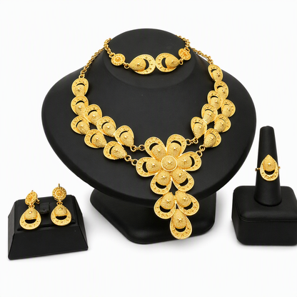 👑✨ Royal Golden Bridal Jewelry Collection – 24K Gold-Plated 4-Piece Necklace, Earrings, Bracelet & Ring Set