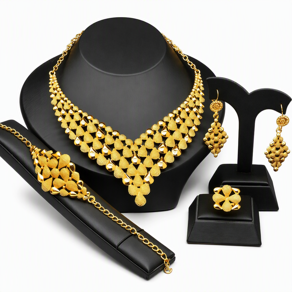 👑✨ Royal Golden Bridal Jewelry Collection – 24K Gold-Plated 4-Piece Necklace, Earrings, Bracelet & Ring Set