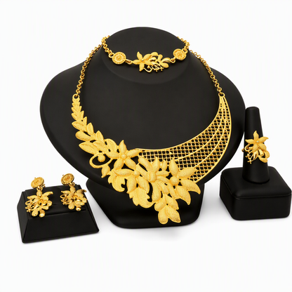 👑✨ Royal Golden Bridal Jewelry Collection – 24K Gold-Plated 4-Piece Necklace, Earrings, Bracelet & Ring Set