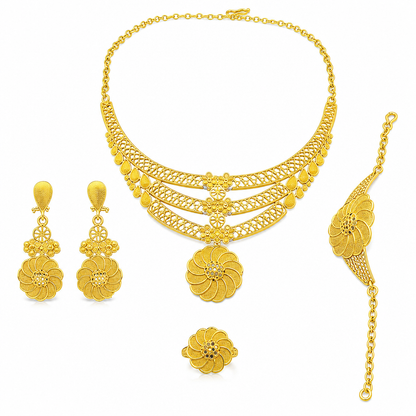 👑✨ Royal Golden Bridal Jewelry Collection – 24K Gold-Plated 4-Piece Necklace, Earrings, Bracelet & Ring Set