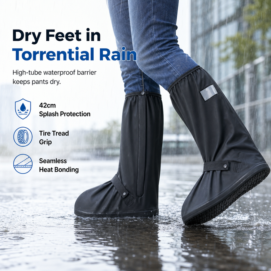 Black high-top rain shoe covers worn in heavy rain