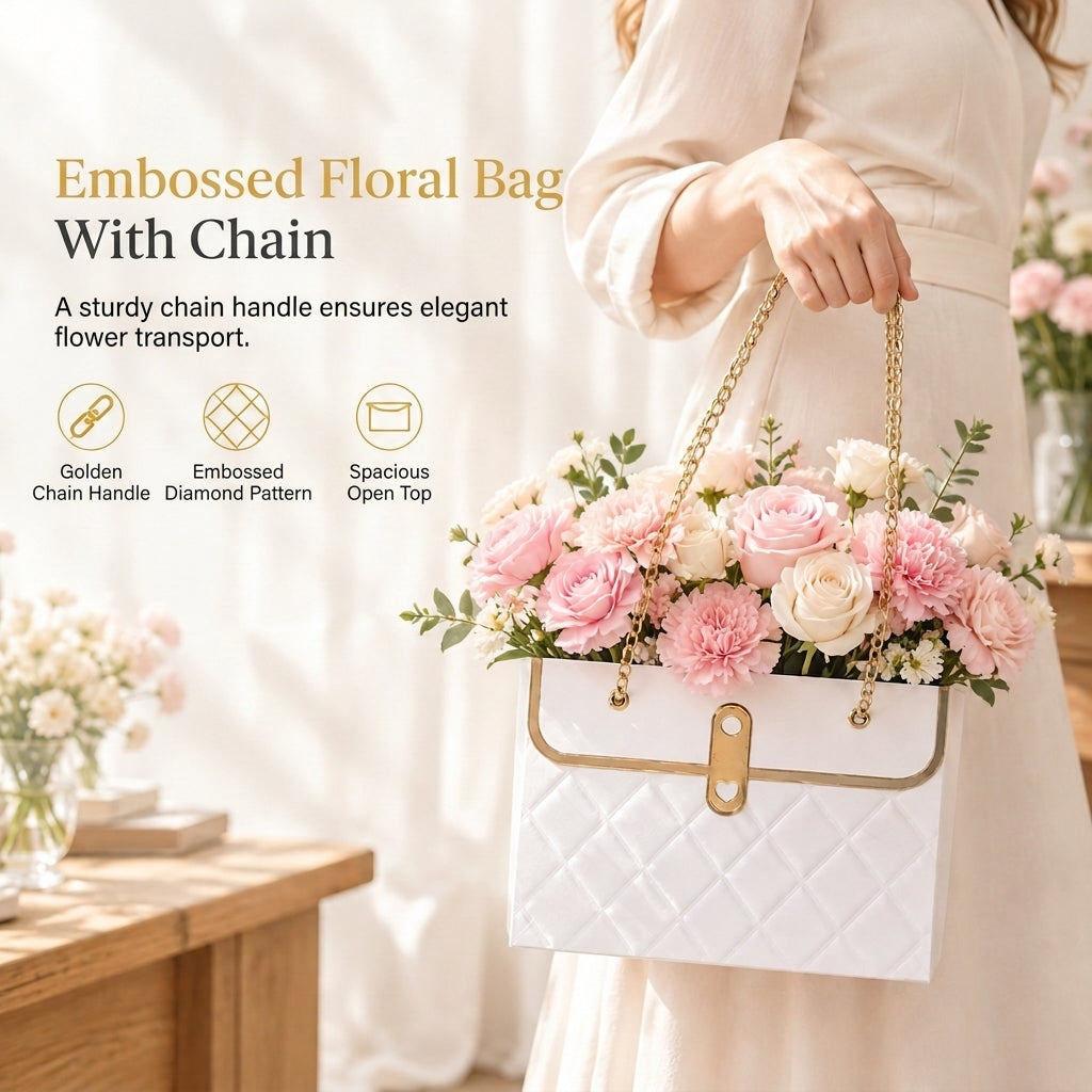 🌹 Elegant Embossed Flower Gift Bag with Metallic Chain Handle – Premium Bouquet & Gift Packaging 💐