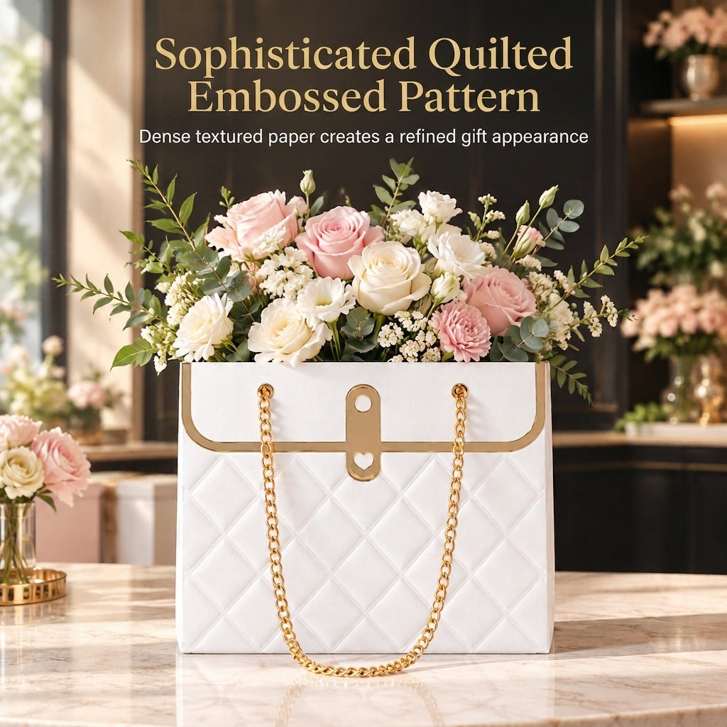 🌹 Elegant Embossed Flower Gift Bag with Metallic Chain Handle – Premium Bouquet & Gift Packaging 💐