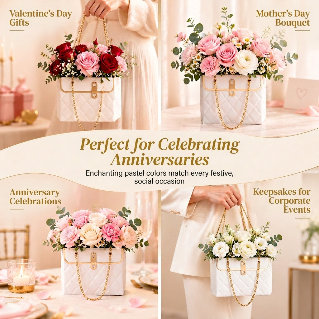 🌹 Elegant Embossed Flower Gift Bag with Metallic Chain Handle – Premium Bouquet & Gift Packaging 💐