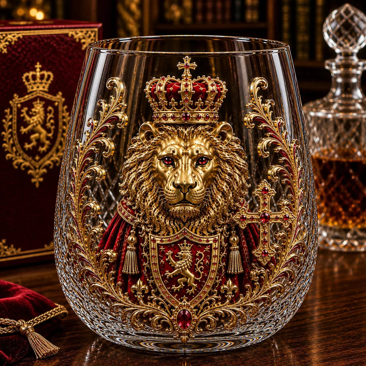 Red crowned lion whiskey glass