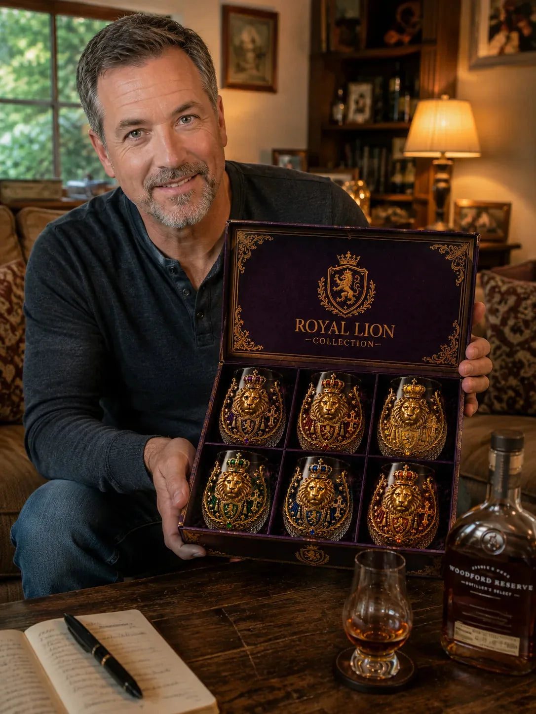 Royal Lion glass collection displayed in presentation box