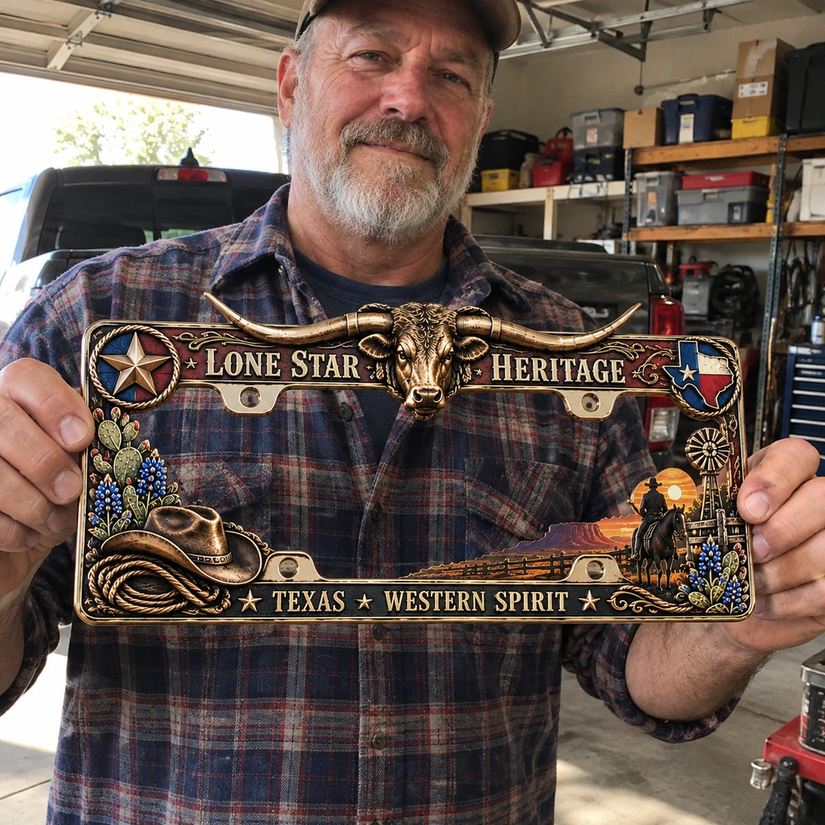 Longhorn license plate frame held in a garage, showing the full Western design