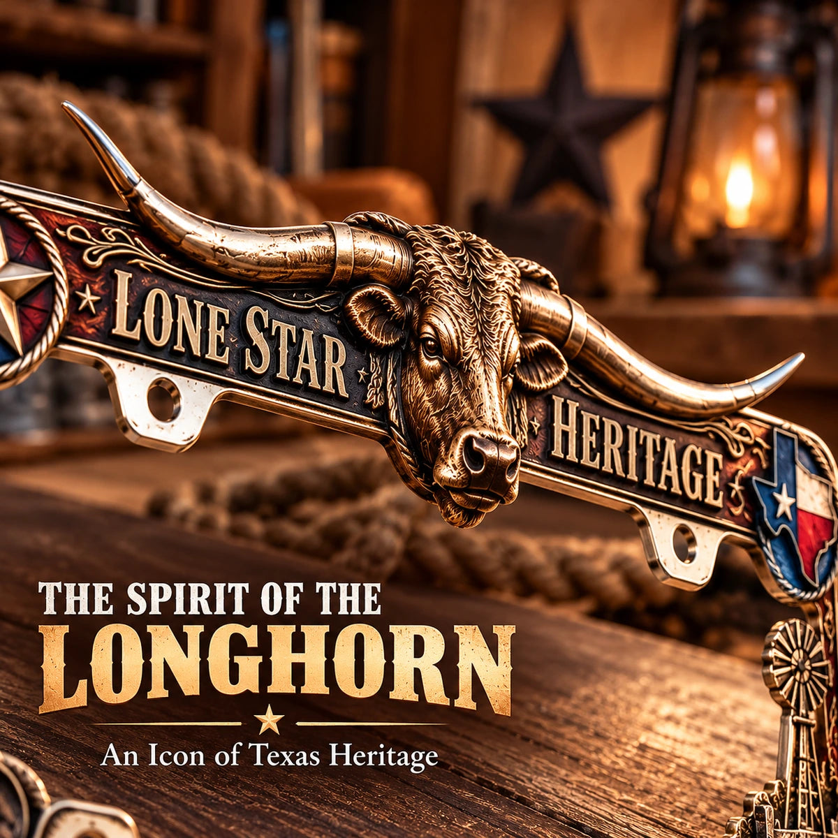 Close-up of the sculpted Longhorn centerpiece and antique-bronze-look frame details