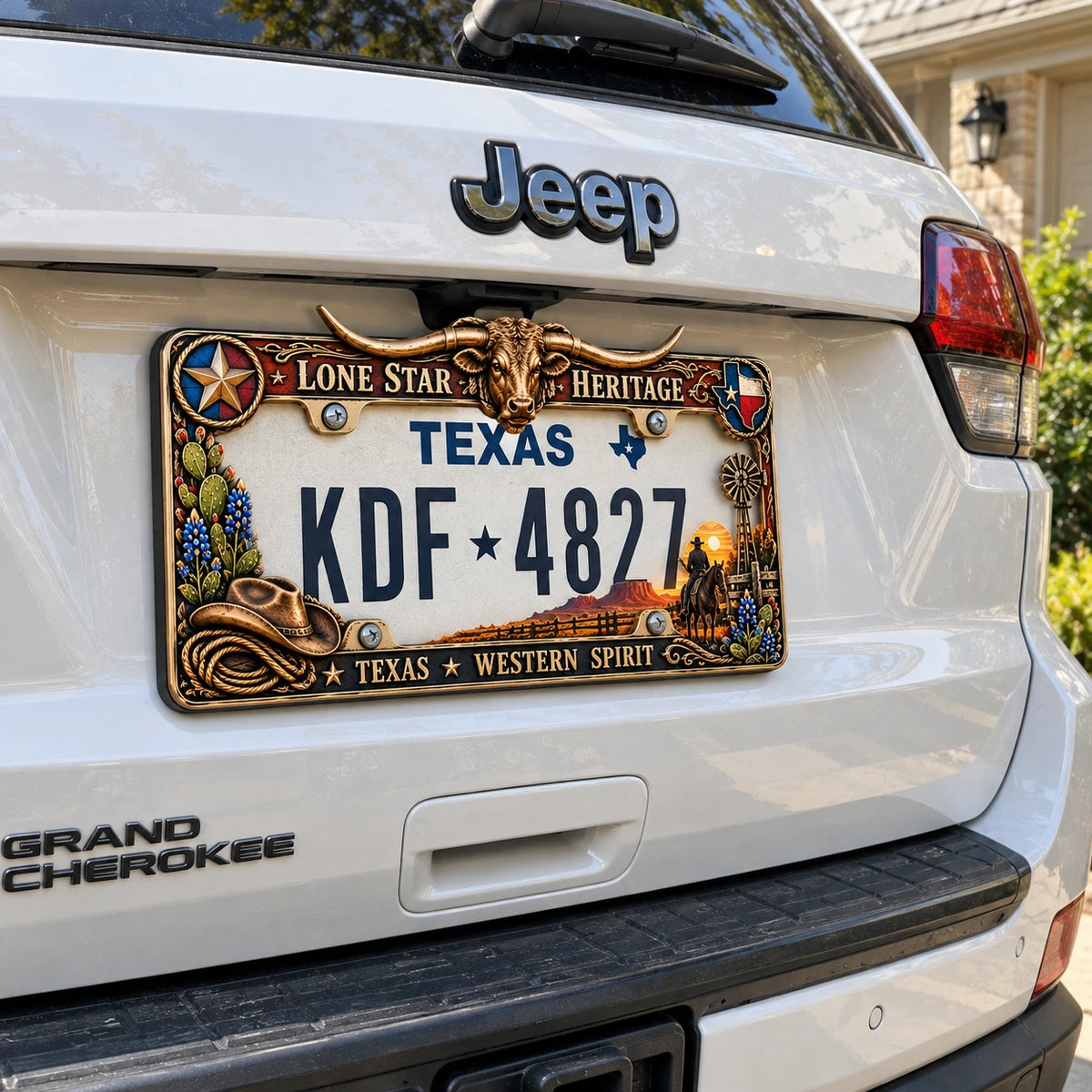 SUV styling example with a Longhorn plate frame; check vehicle measurements before ordering