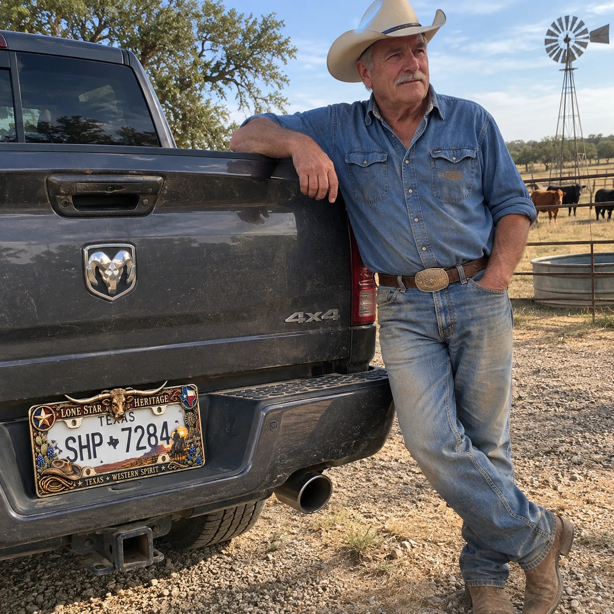 Rancher beside Texas Longhorn frame on pickup