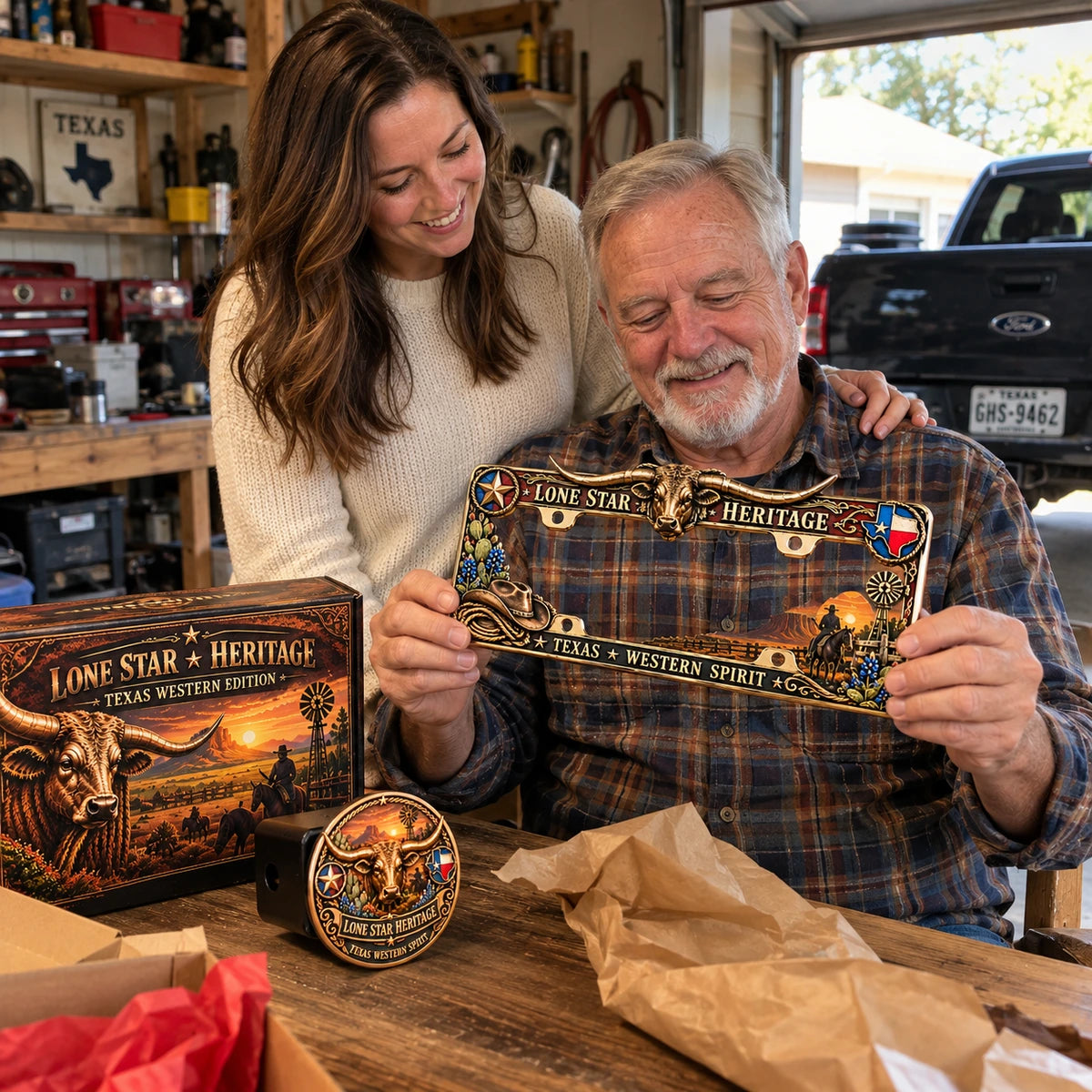 Father and daughter viewing a Longhorn frame and matching set in a gift-giving scene