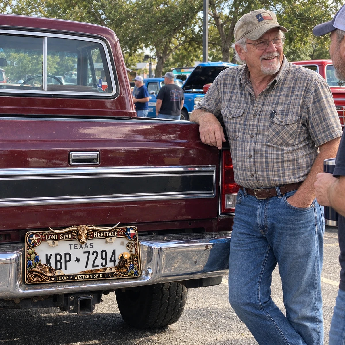 Classic pickup displaying Texas Longhorn plate frame