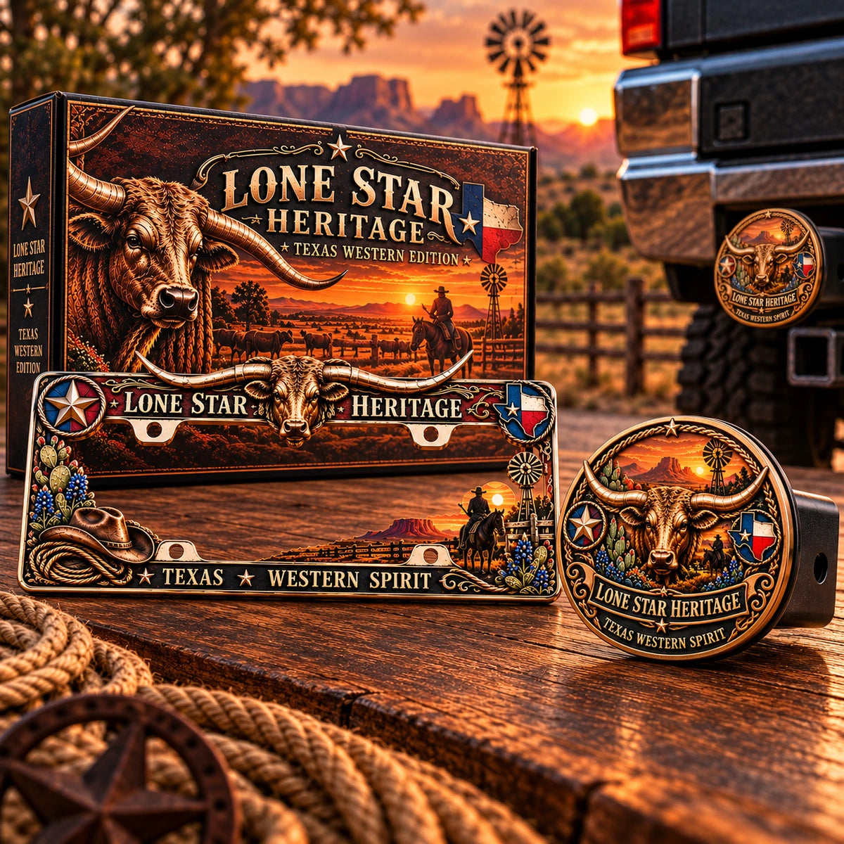 Lone Star Heritage Longhorn license plate frame and matching round hitch cover