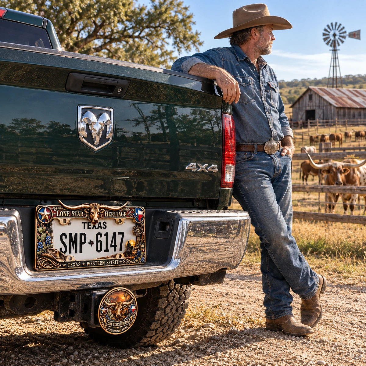 Rear of a pickup styled with the matching Longhorn plate frame and round hitch cover