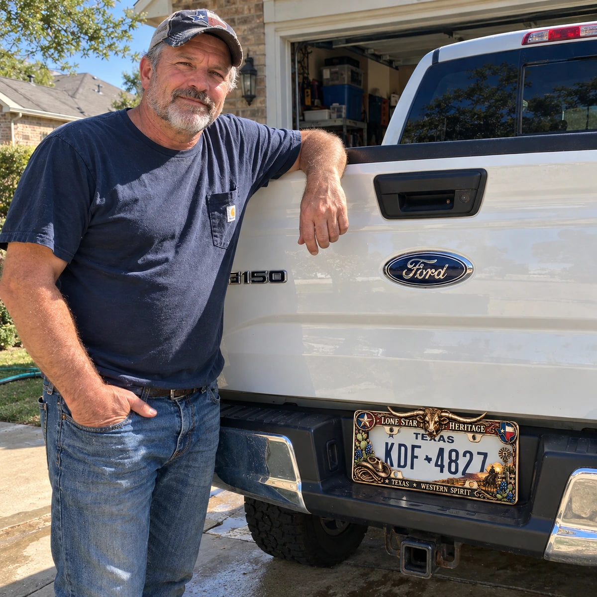 Truck owner posing with Lone Star plate frame on white Ford pickup