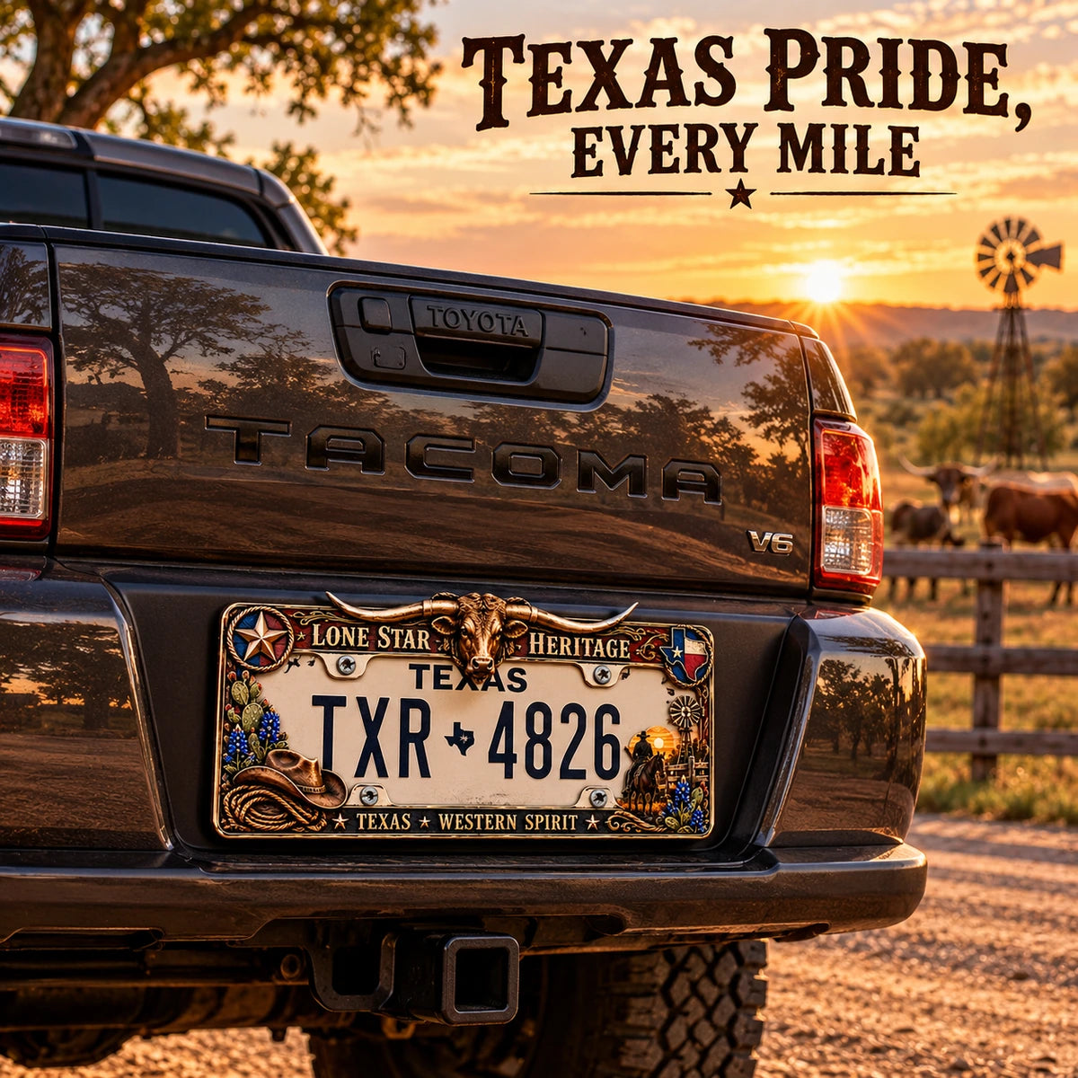 Pickup with a Longhorn plate frame on a road at sunset