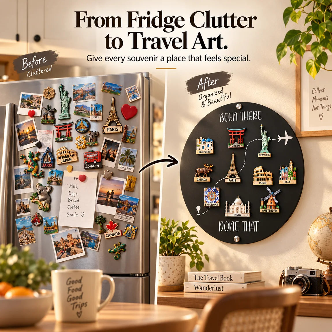 Before and after: refrigerator magnets reorganized on a travel wall board