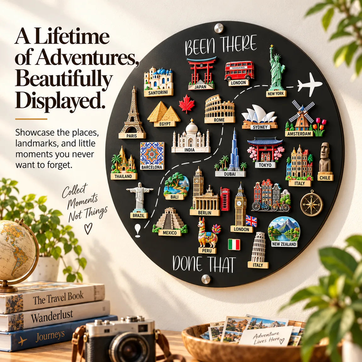 Round travel magnet board with colorful souvenir magnet collection
